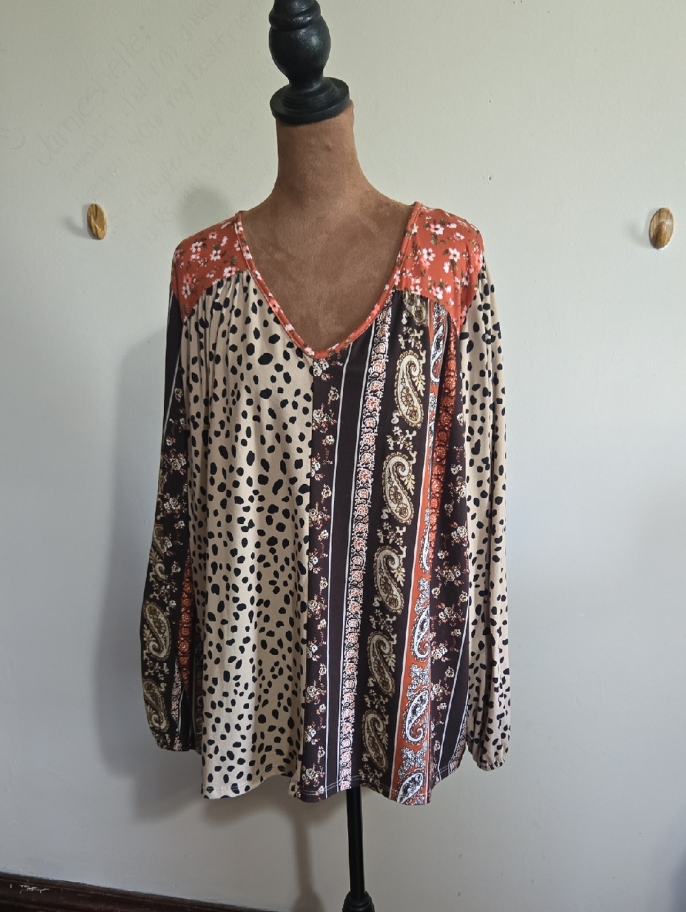 T62 Haptics Animal Print Bubble Sleeve Top Patchwork Relaxed Lightweight Flowy